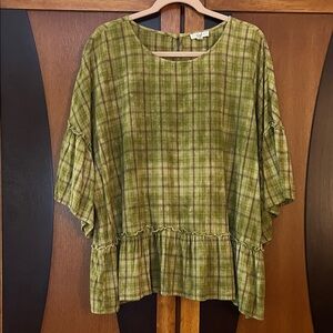 Easel Olive Plaid Top w/Sleeve & Hem Ruffles & Intentional Dye Splotches